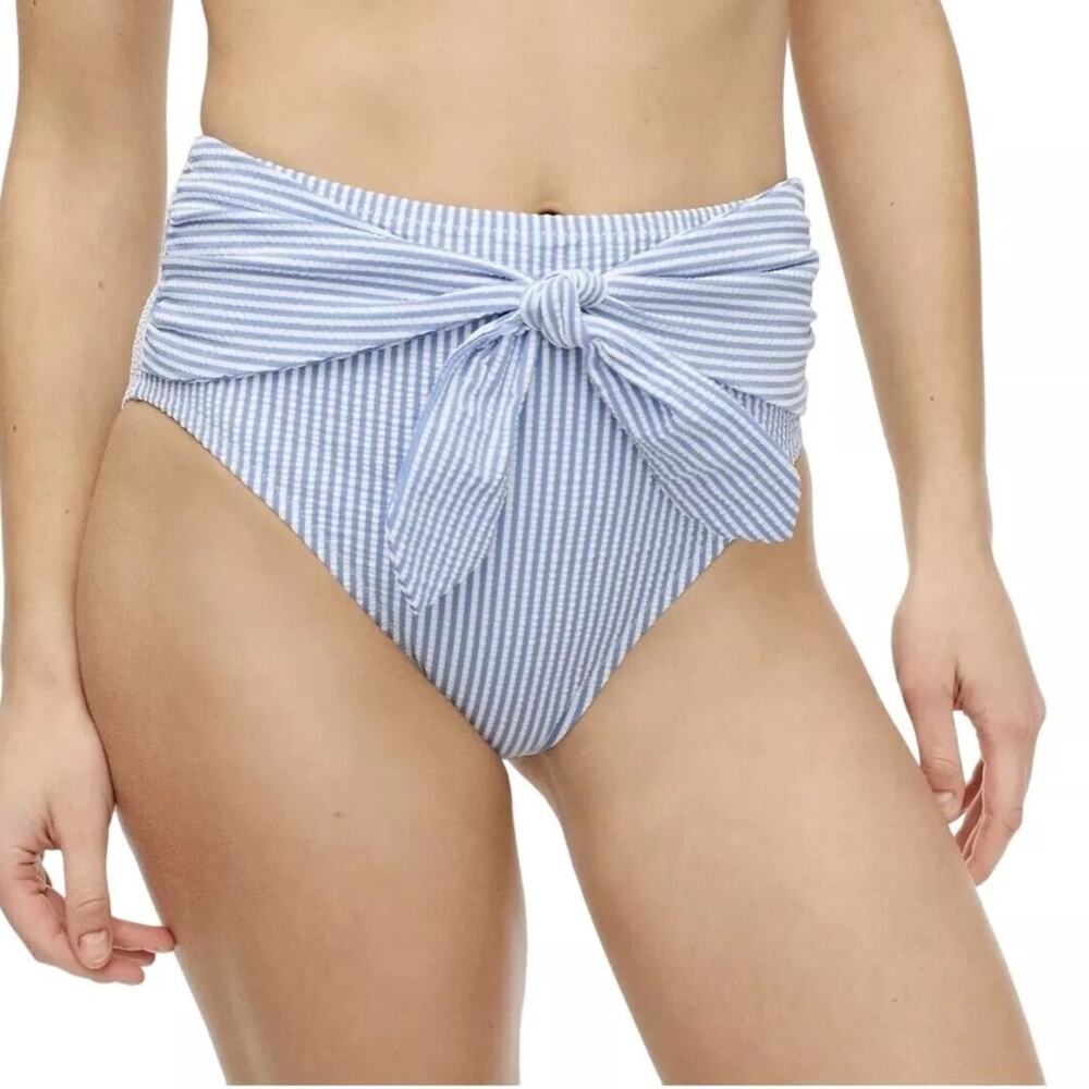 NWT J. Crew Tie High-Rise Bikini Bottom Seersucker 3X Striped Blue White BF118
